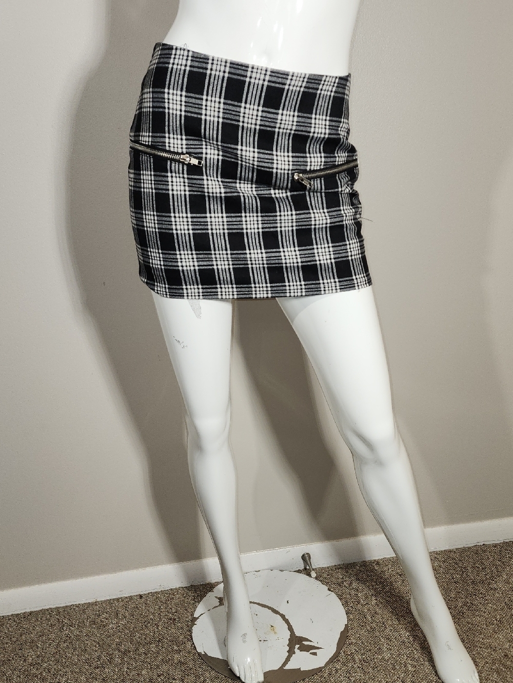 silence + noise Black & White Plaid Mini Skirt with Dual Zips